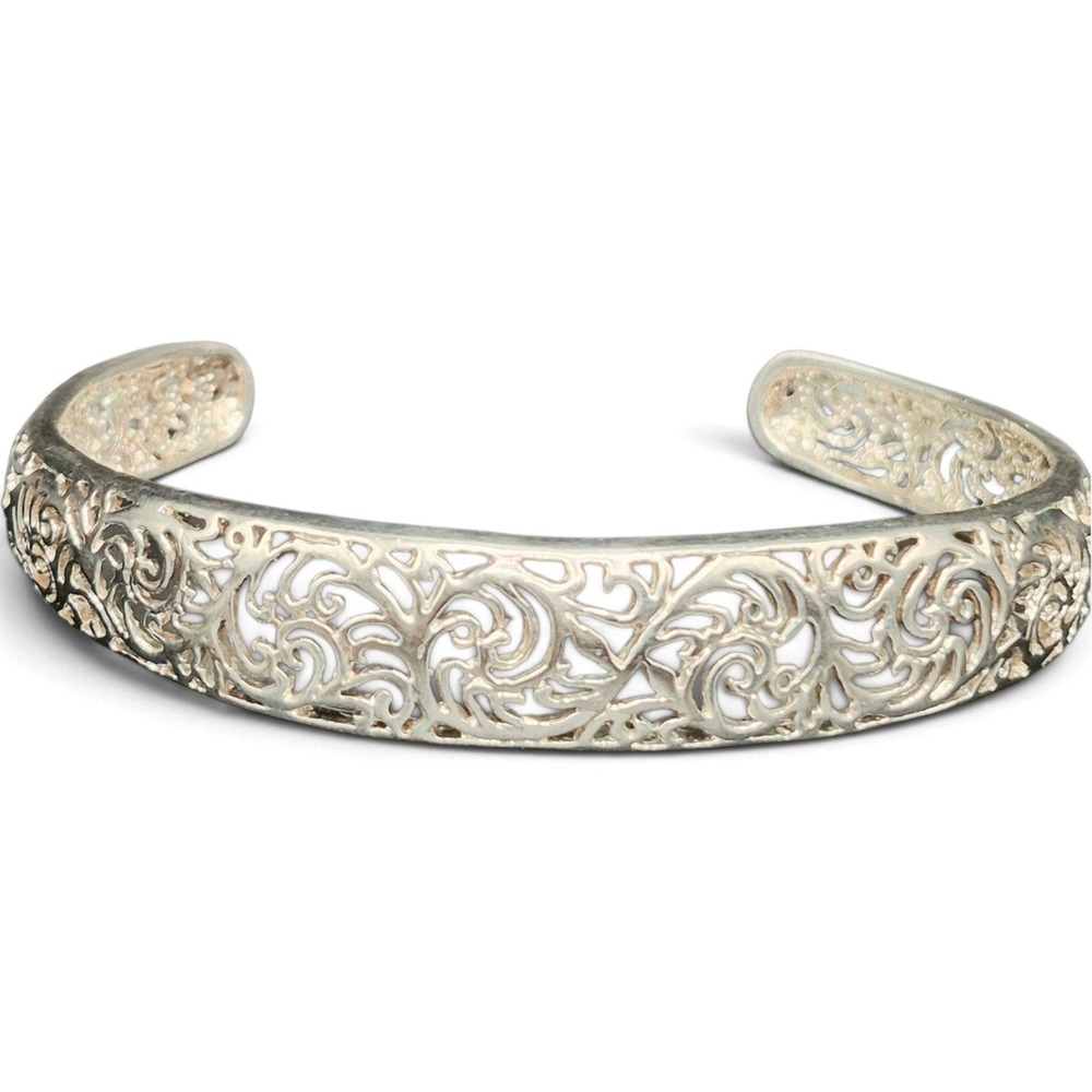 Silver Filigree Cuff Bracelet Vine Scroll Openwork 0.5 Wide